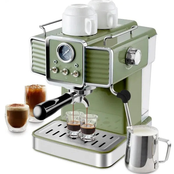 15 Bar Espresso Coffee Machine With Milk Frother Steam Wand, 1350W Professional Coffee Maker, 54 Oz Removable Water Tank Espresso Maker Cappuccino, Latte, Machiato, Green, For Home Barista